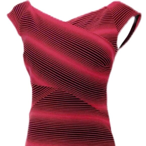 New York & Company Stretch Dress Red & Black Sheath Striped‎ Wrap Bodice L NWT - Picture 1 of 9